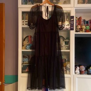 H&M Puffer Sleeve Black Mesh Midi Dress